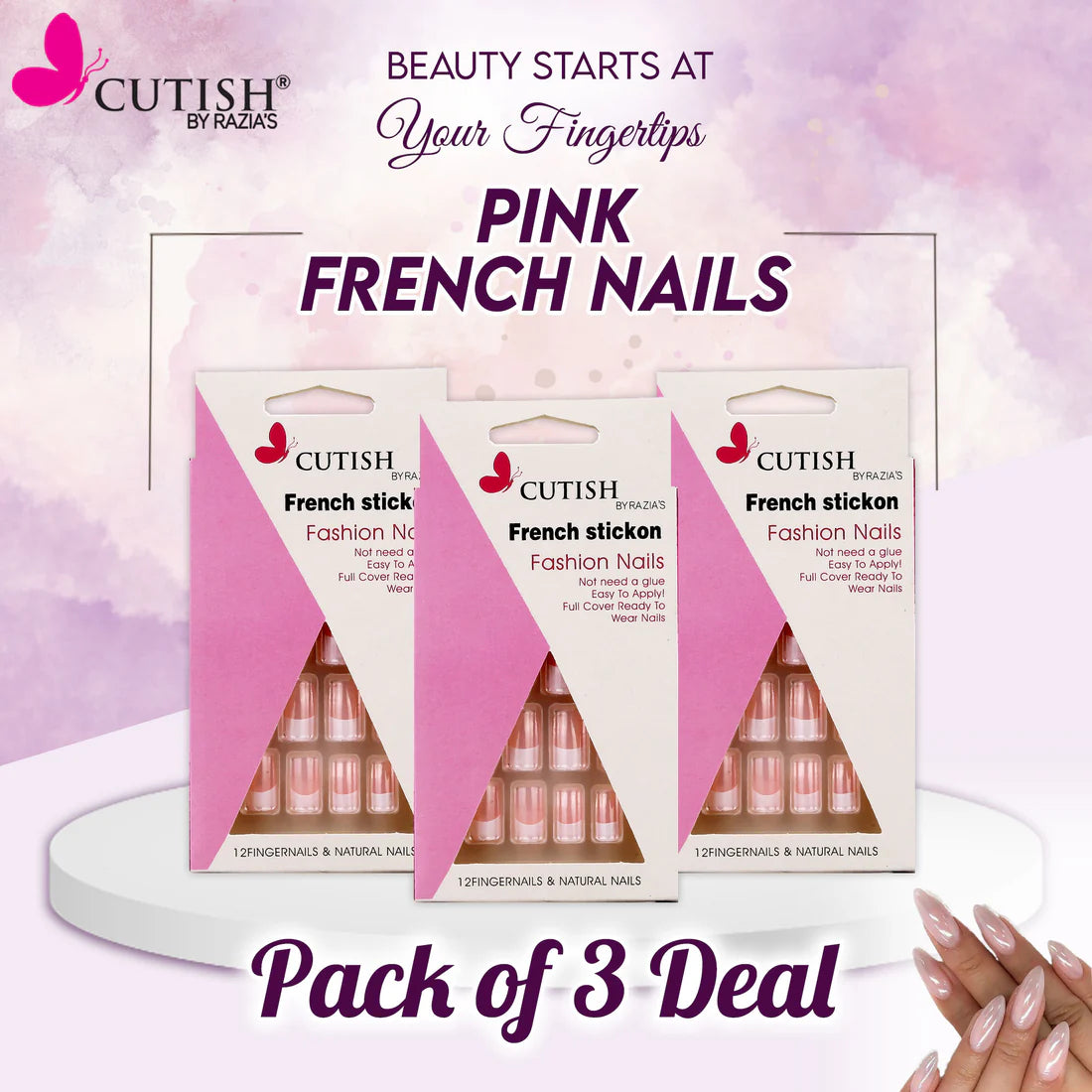 CUTISH PINK FRENCH STICK ON NAILS PACK OF 3 DEAL