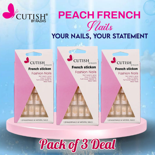 CUTISH PEACH FRENCH STICK ON NAILS PACK OF 3 DEAL