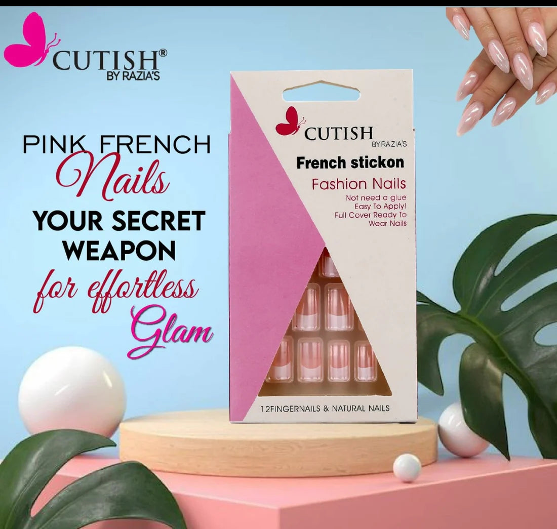 Cutish Pink French Stick On Nails