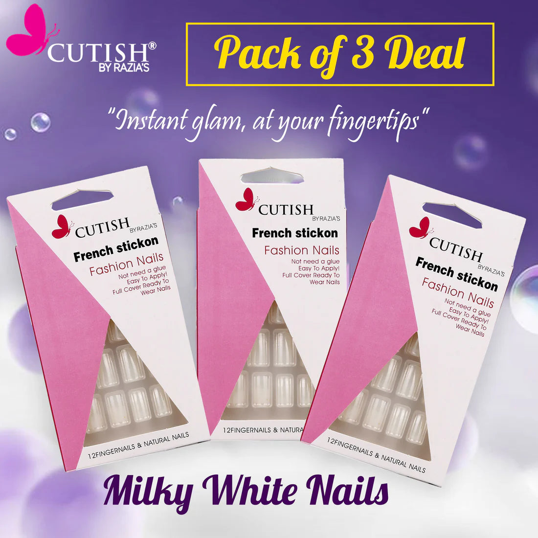 CUTISH MILKY WHITE FRENCH STICK ON NAILS PACK OF 3 DEAL