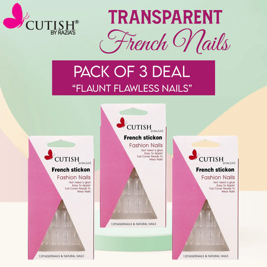 CUTISH TRANSPARENT FRENCH STICK ON NAILS PACK OF 3 DEAL